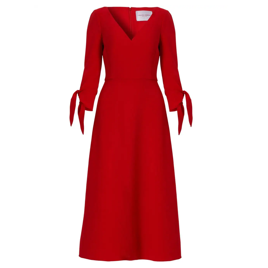 Carolina_Herrera_Elbow_Tie_Sleeve_Midi_Dress_Red