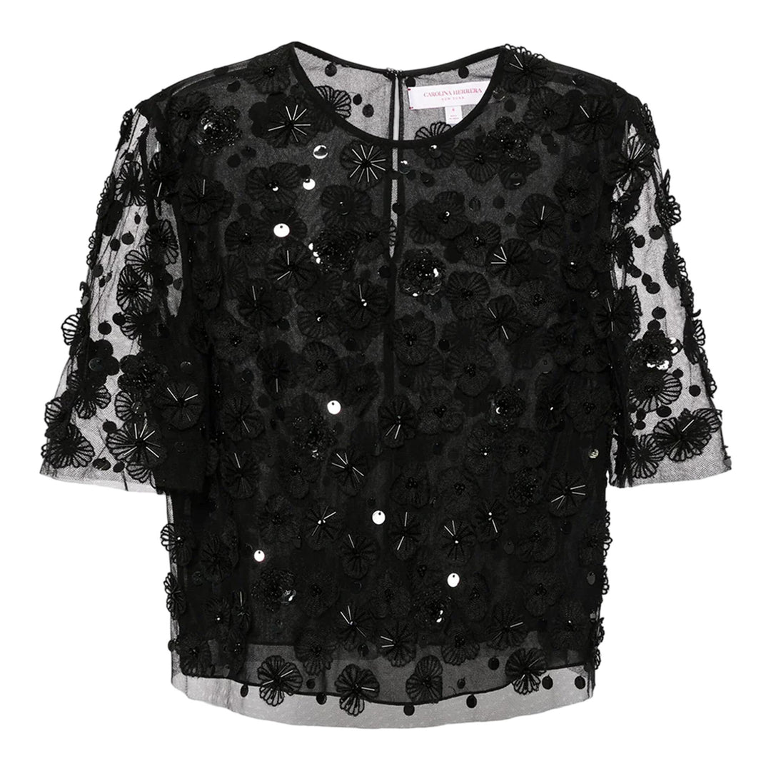 Club21 - Carolina Herrera - Embellished Crewneck Top Nylon Tulle - WOVEN TOPS - Black