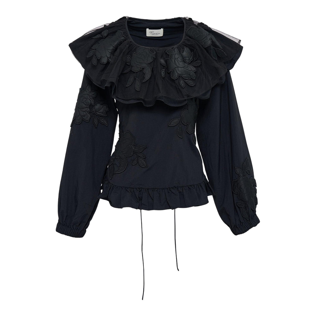 Club21 - Caroline Hu - Black Ruffle Floral Embroidery Top - WOVEN TOPS - Black