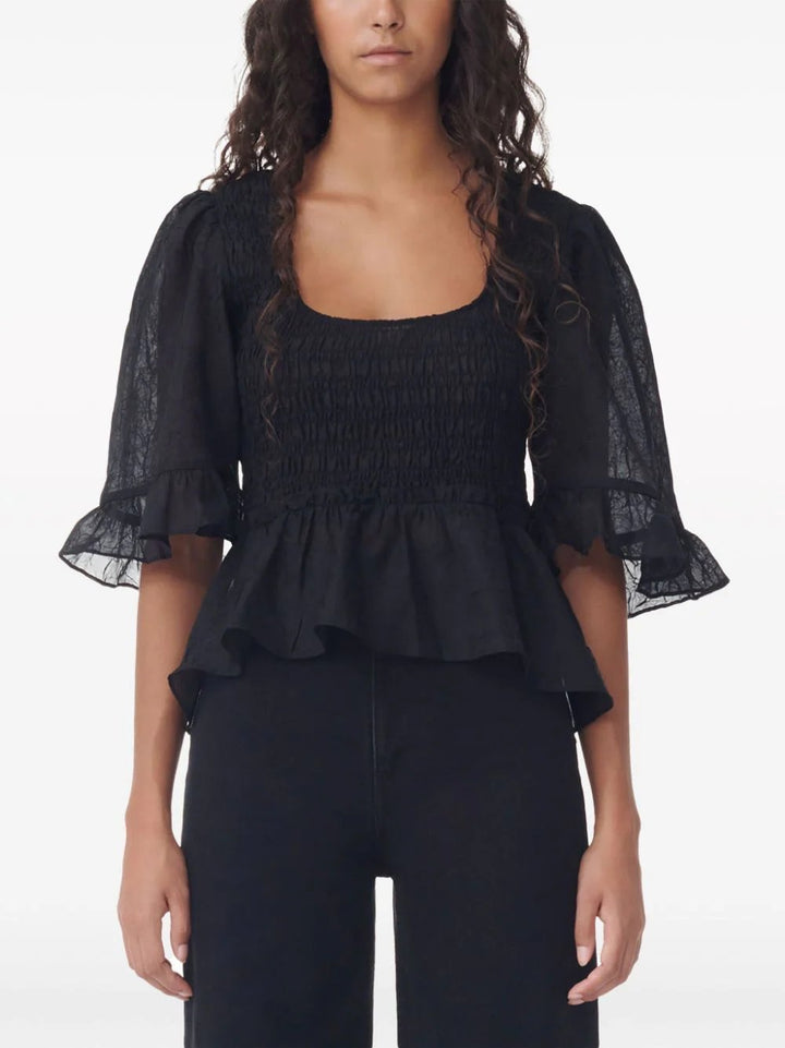 GANNI-Crinkled-Georgette-Smock-Blouse-Black-5