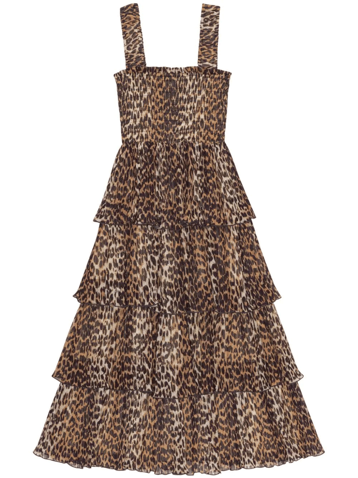 GANNI-Pleated-Georgette-Flounce-Smock-Dress-Brown-1