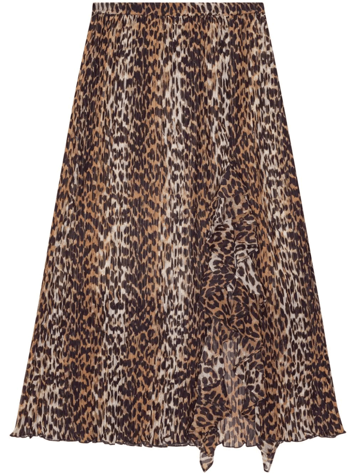 GANNI-Pleated-Georgette-Midi-Flounce-Skirt-Brown-1