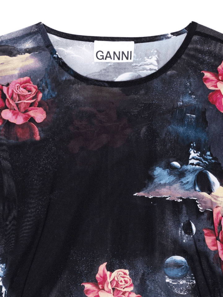 GANNI-Printed-Mesh-Long-Sleeve-Gather-Top-Black-2