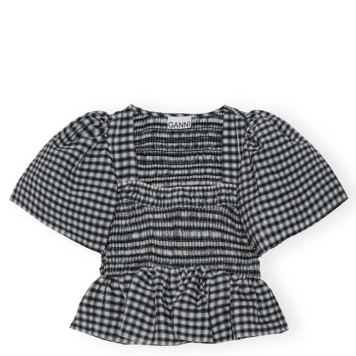 Seersucker Check Open-Neck Smocked Top