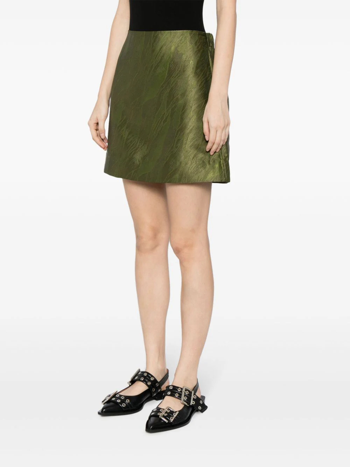 GANNI-Shiny-Jacquard-Mini-Skirt-Green-3