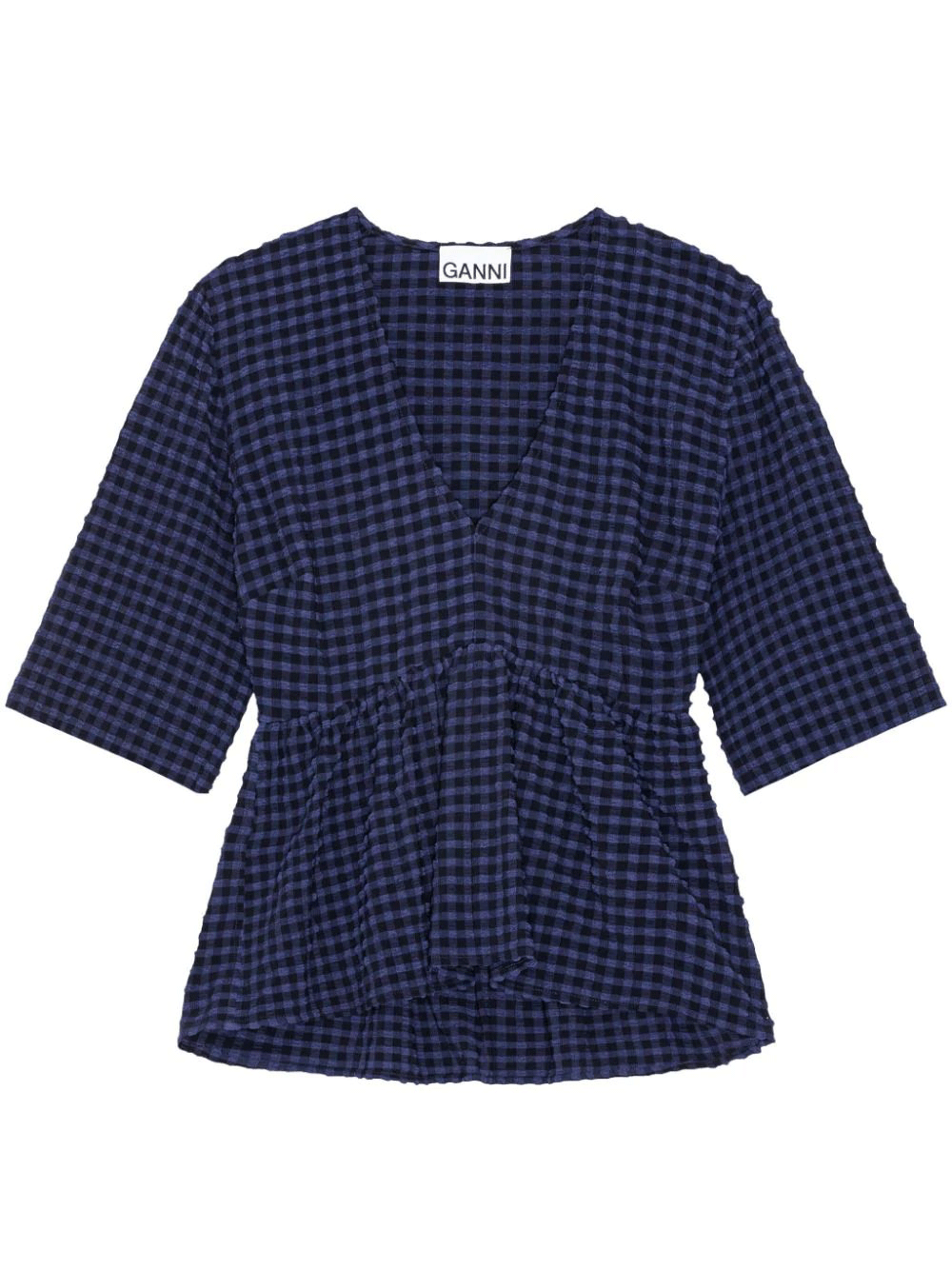 GANNI-Stretch-Seersucker-V-Neck-Blouse-Navy-1