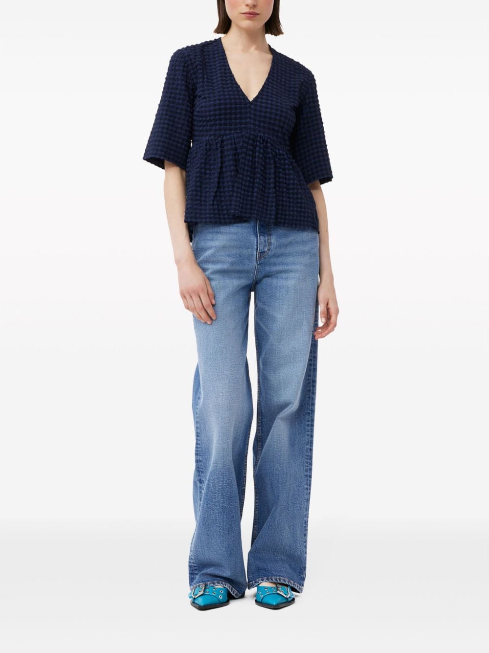 GANNI-Stretch-Seersucker-V-Neck-Blouse-Navy-2