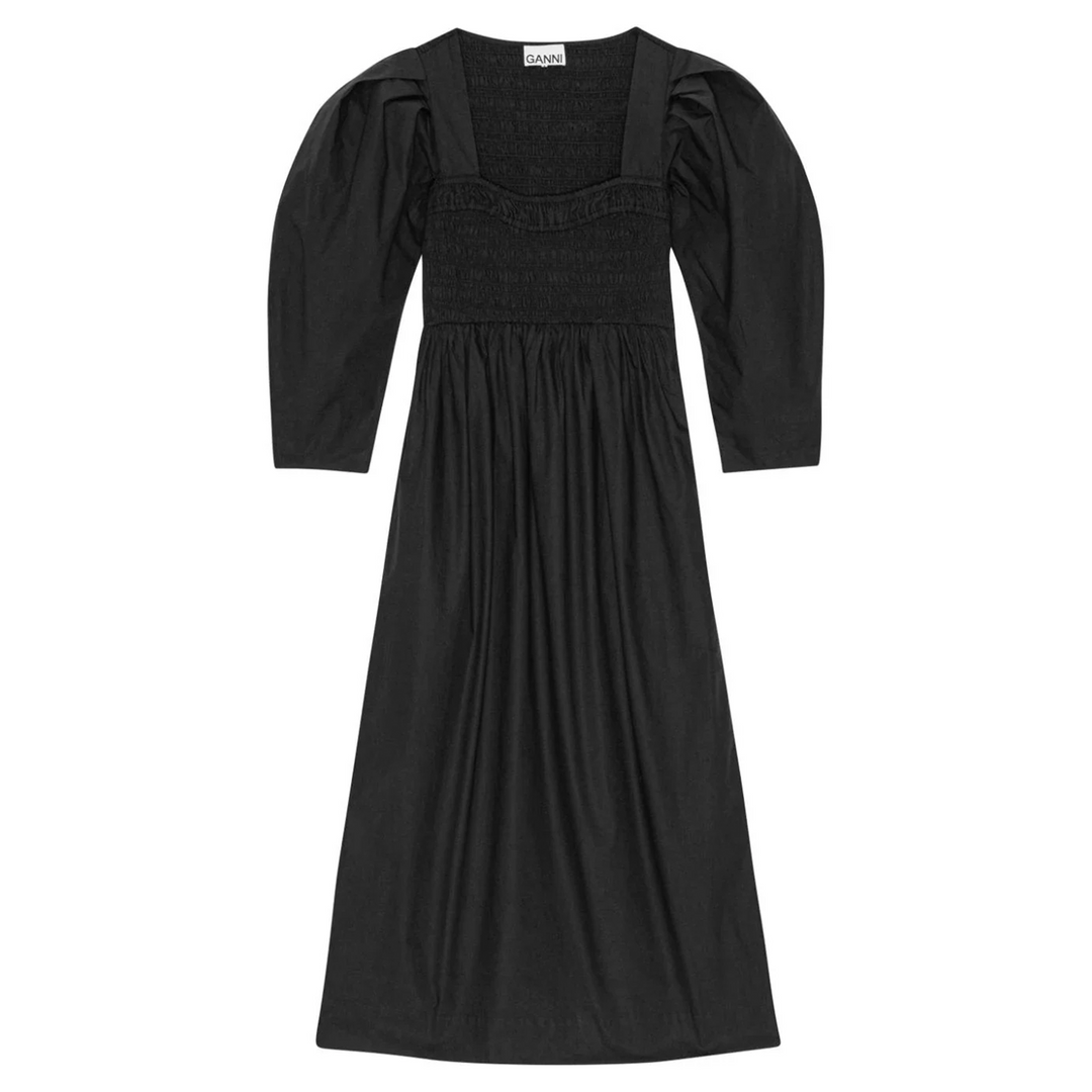 Cotton Poplin Open-Neck Smock Dress