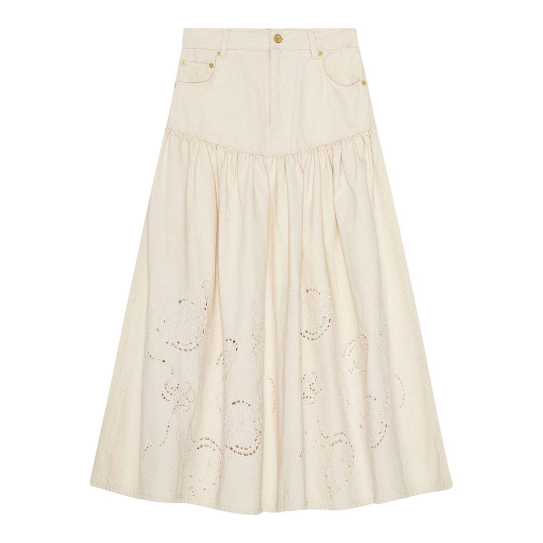 Club21 - GANNI - Broderie Anglaise Denim Long Skirt - SKIRTS - Off-White