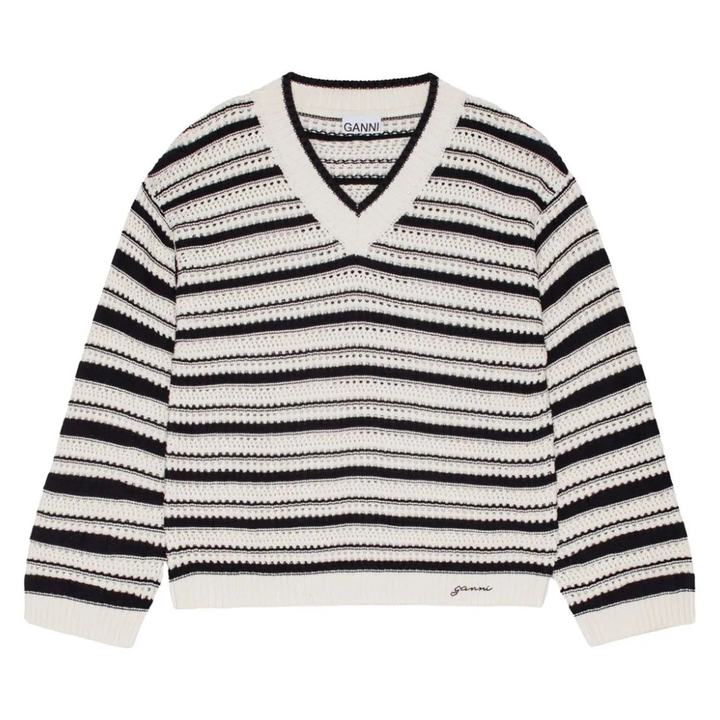 GANNI_Striped_Cotton_Pointelle_V-Neck_Sweater-Multi