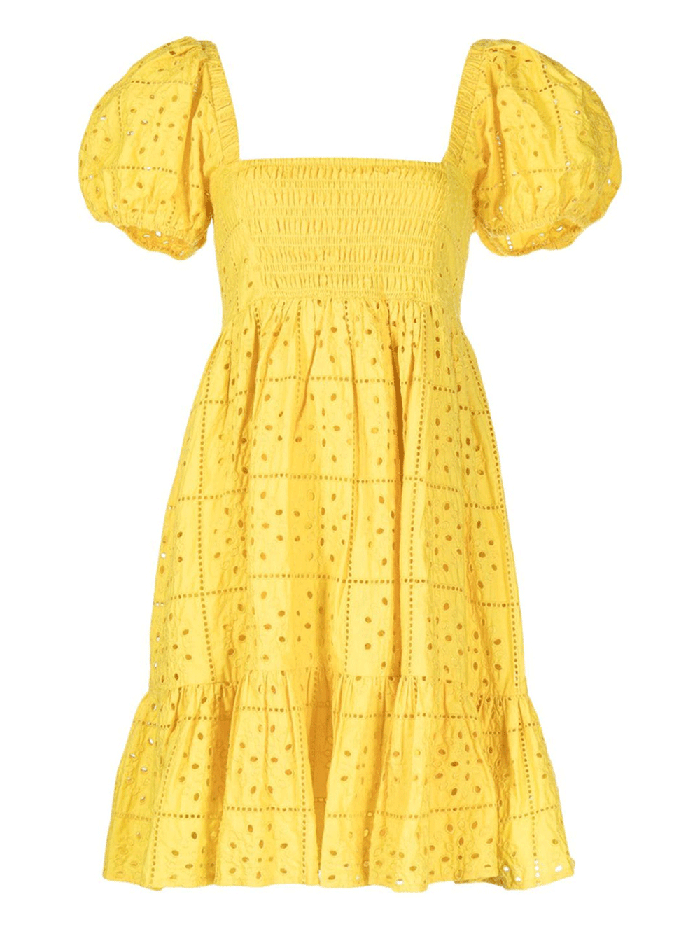 Ganni-Broderie-Anglaise-Mini-Dress-Yellow-1