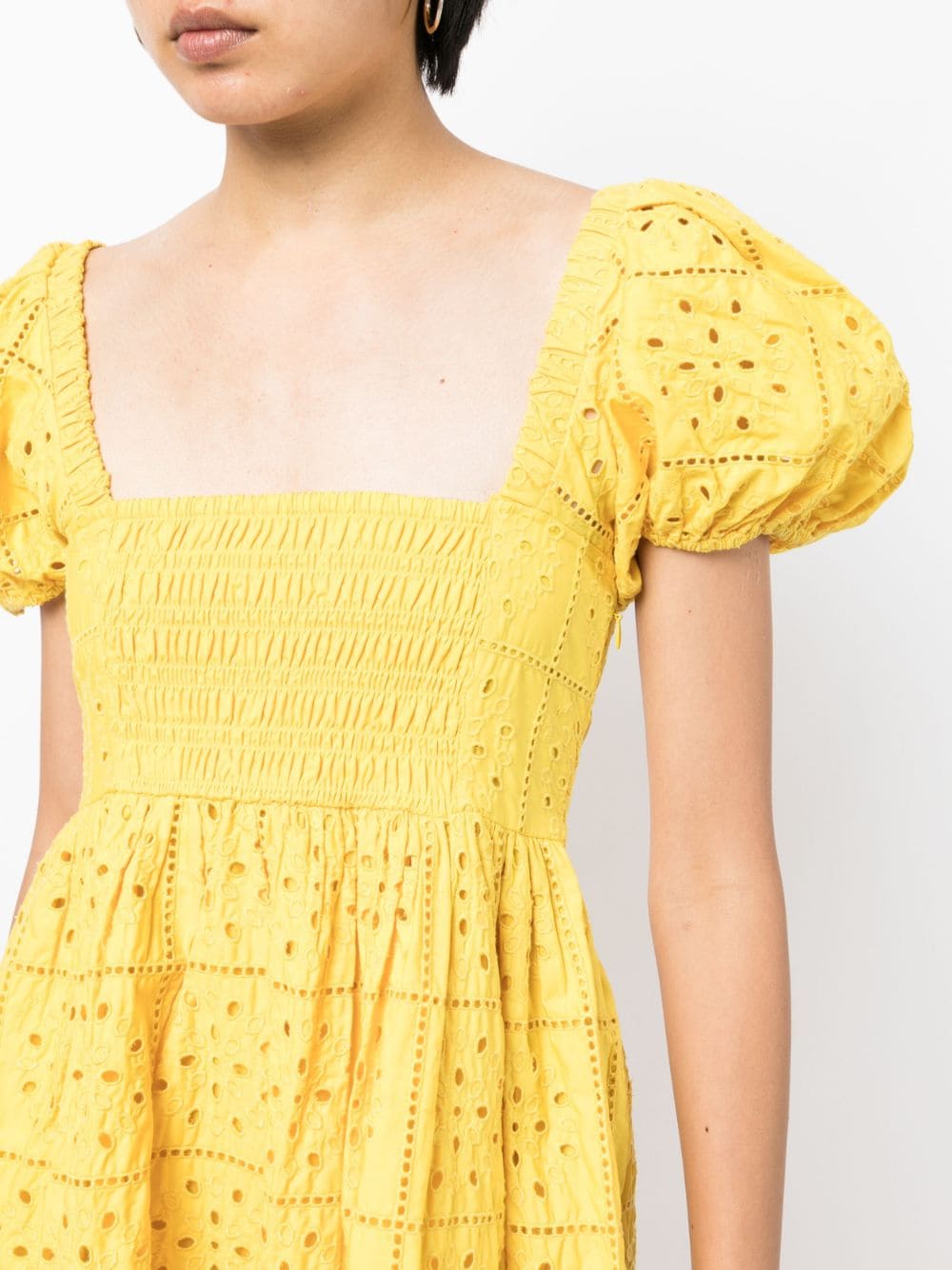 Ganni-Broderie-Anglaise-Mini-Dress-Yellow-5