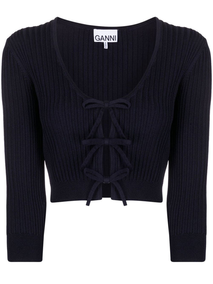        Ganni-Melange-Knit-Cropped-Cardigan-Navy-1