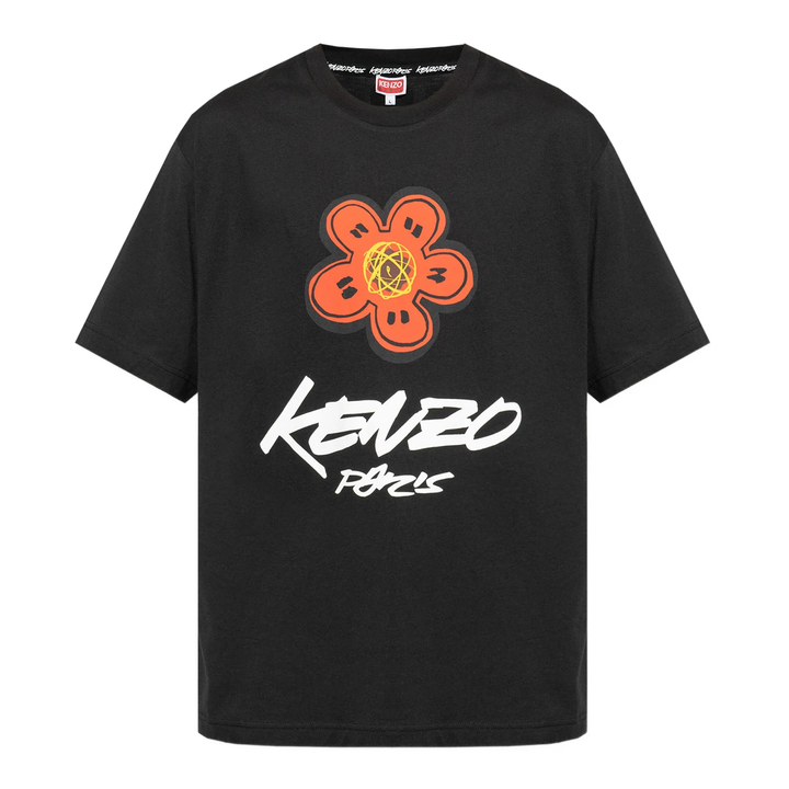 Kenzo Futura Classic Tee in black with oversized orange Boke Flower graphic and bold white Kenzo Paris graffiti script print on the chest