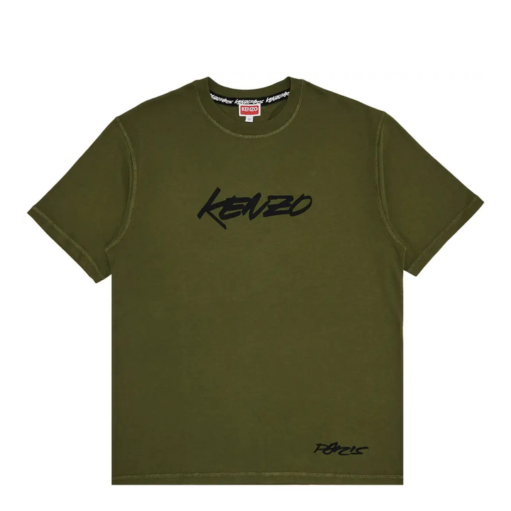 Kenzo Futura Classic T-Shirt in olive green with bold black graffiti-style logo print at chest, contrast overlock stitching, and 'Paris' script at hem