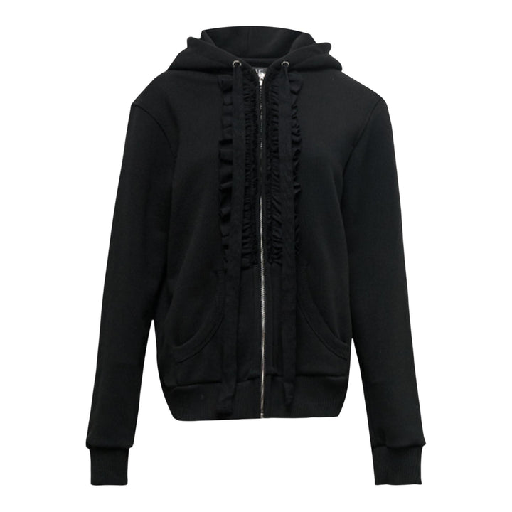 Club21 - NACHE - Ruffle Hoodie Zip-Up Black - SWEATERS - Black