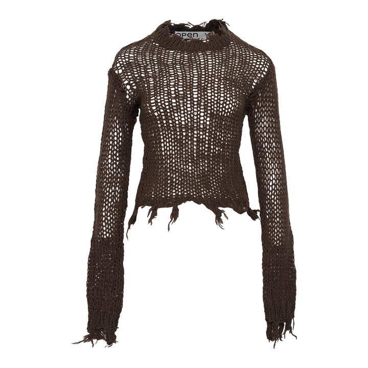 Club21 - OPEN YY - Distressed Crop Knit Top - KNIT TOPS - Brown