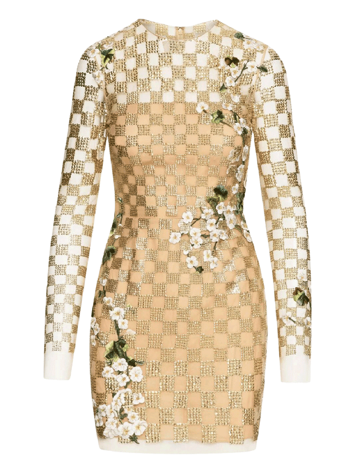 Oscar-de-la-Renta-Long-Sleeve-Grid-_-Thread-Work-Dress-Gold-1