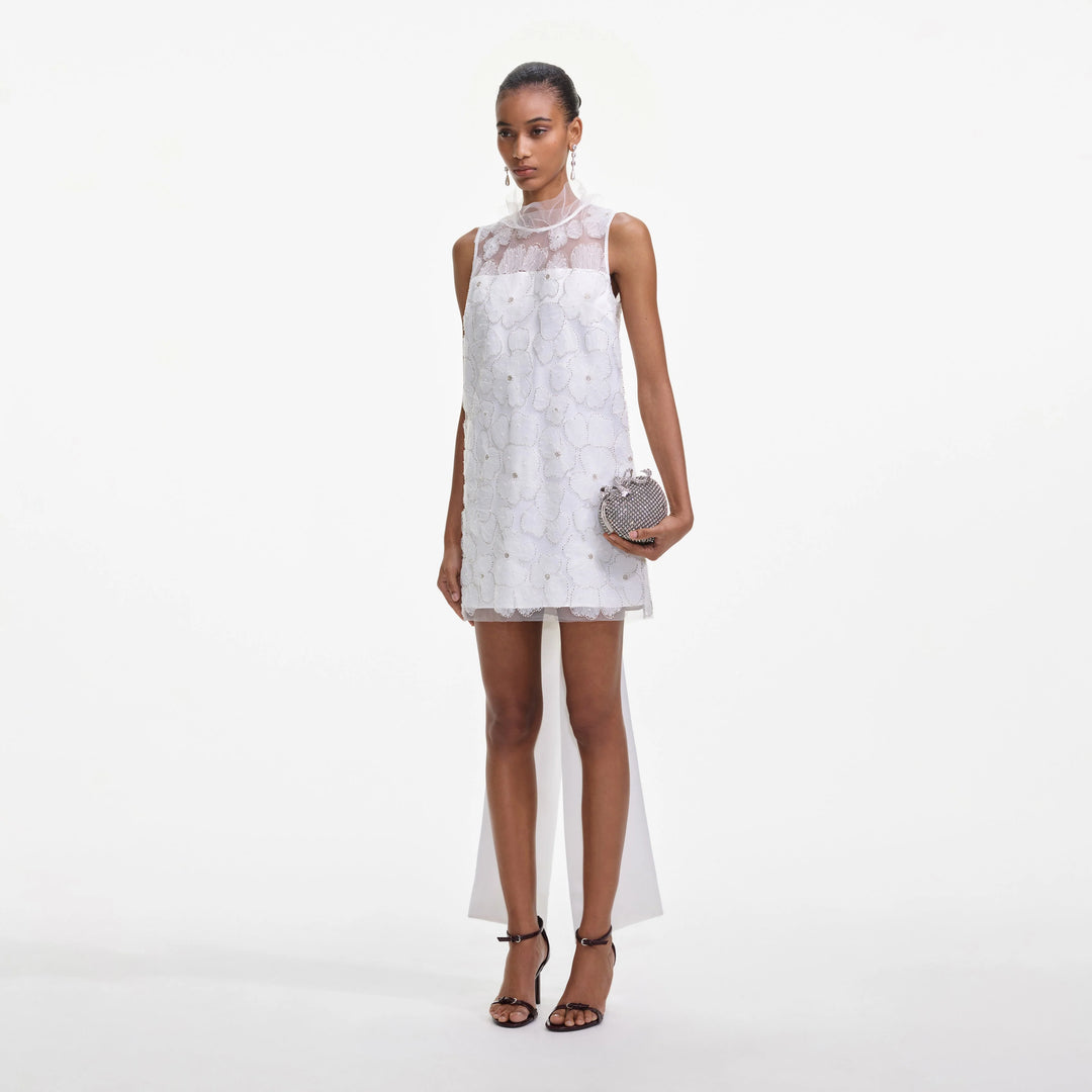 White Crepe Pearl Bow Mini Dress