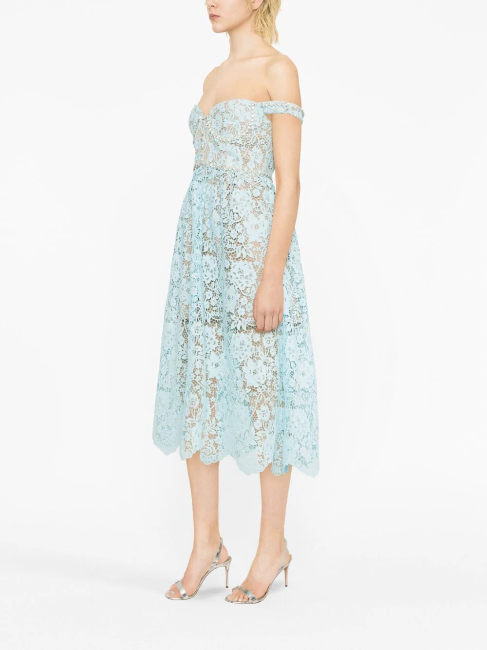 Self Portrait Blue Cord Lace Diamante Midi  Dress Blue 4