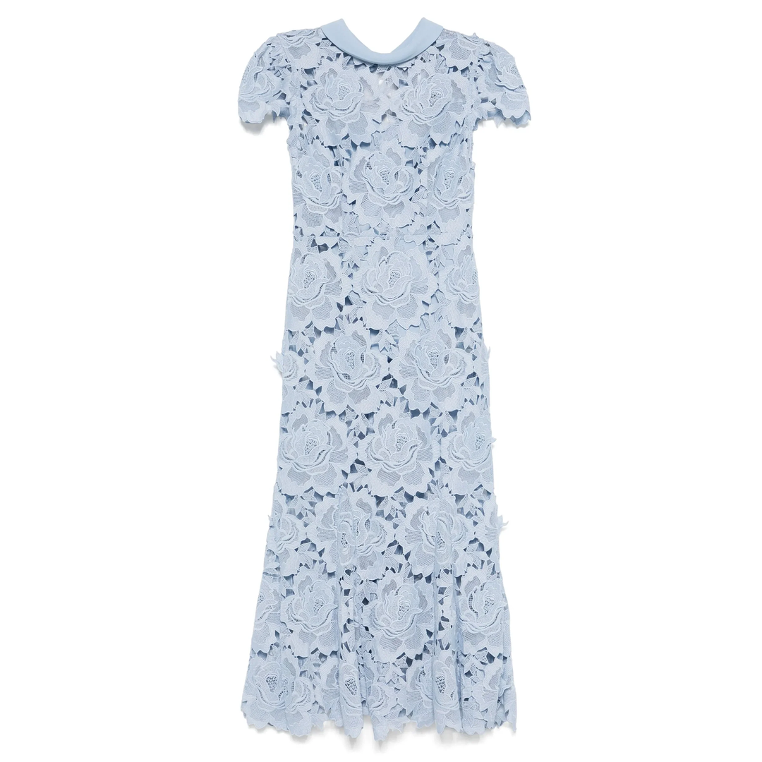 Blue Flower Lace Contrast Collar Midi Dress