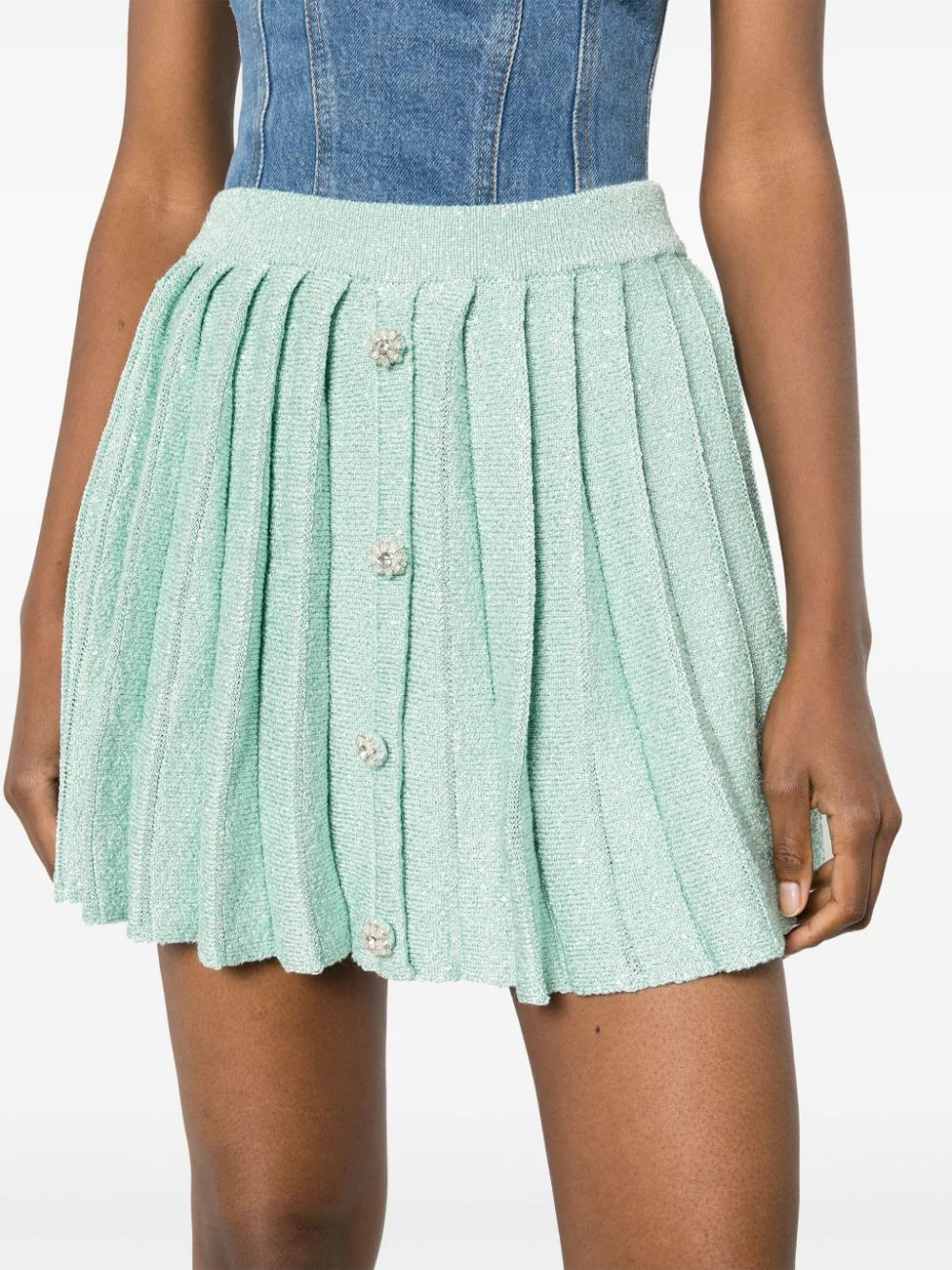 Self-Portrait-Mint-Sequin-Pleated-Knit-Skirt-Blue-5