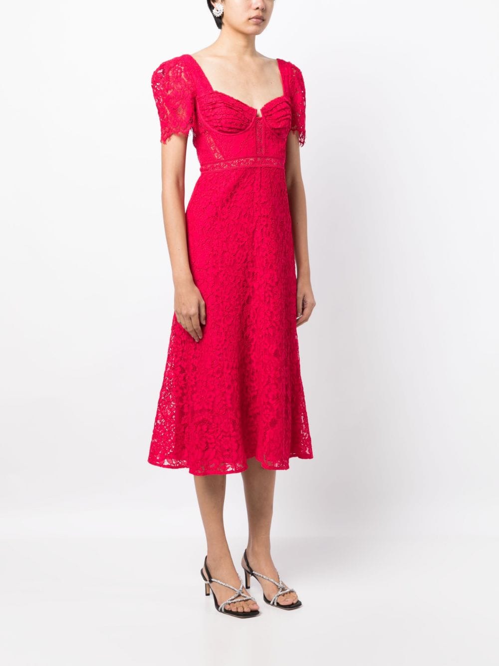 Self Portrait Red Crepe Lace Detail Midi Dress Red 3