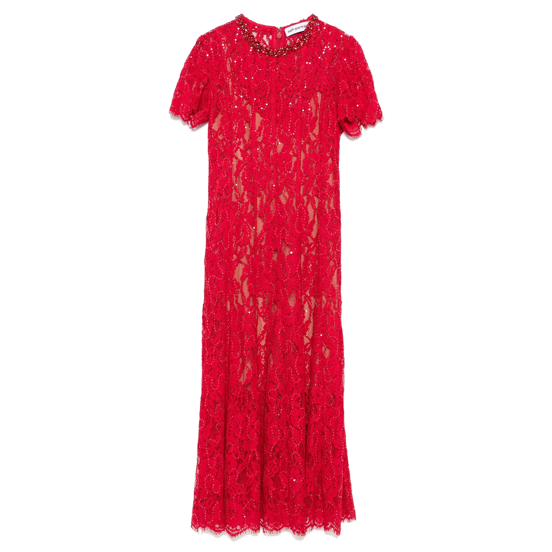 Red Sequin Lace Midi Dress
