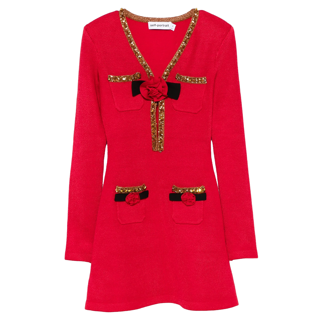 Red Textured Knit Corsage Mini Dress