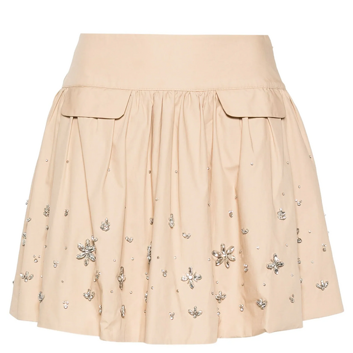 Beige Cotton Embellished Mini Skirt