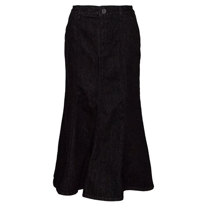 Black Flared Denim Midi Skirt