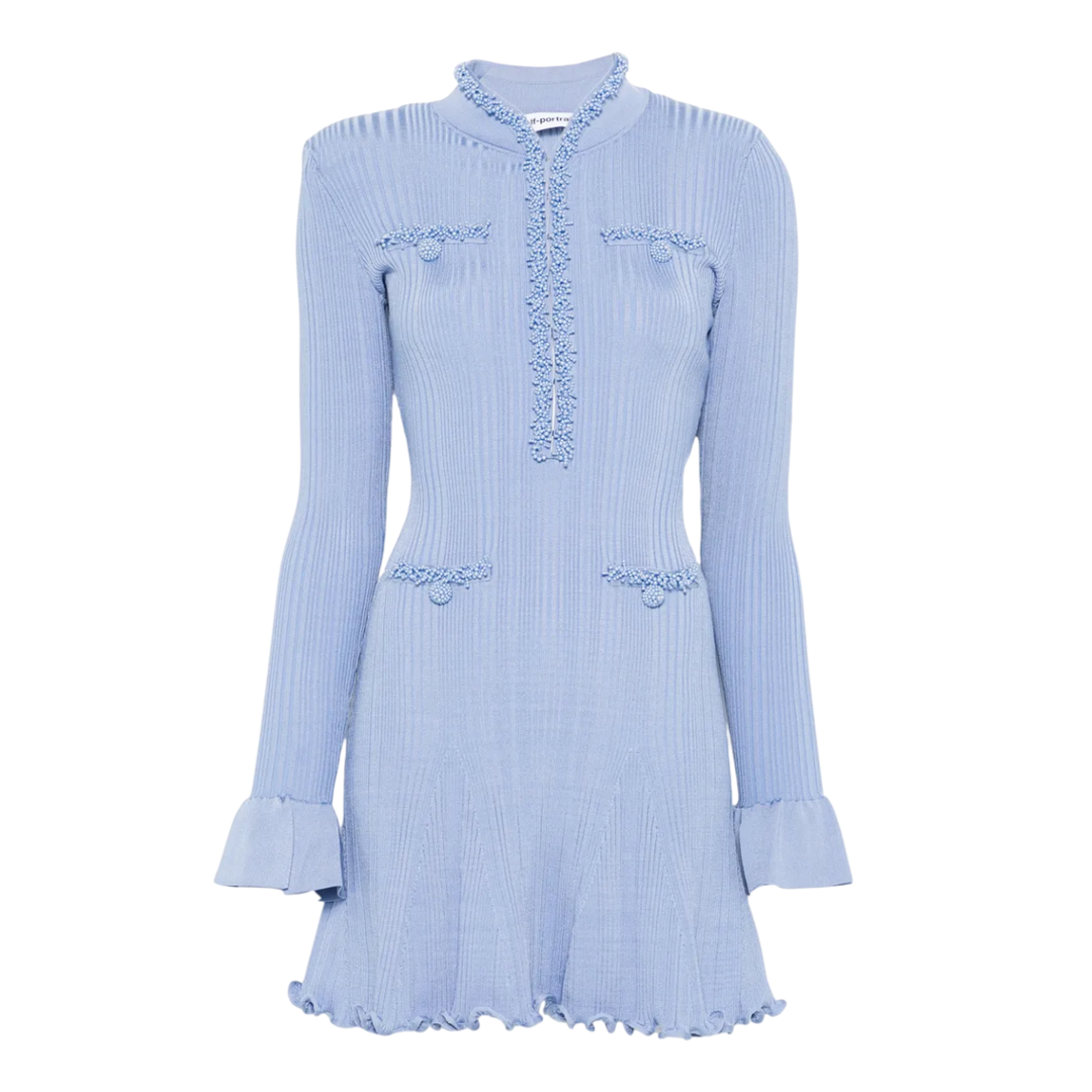 Blue Pearl Trim Knit Mini Dress