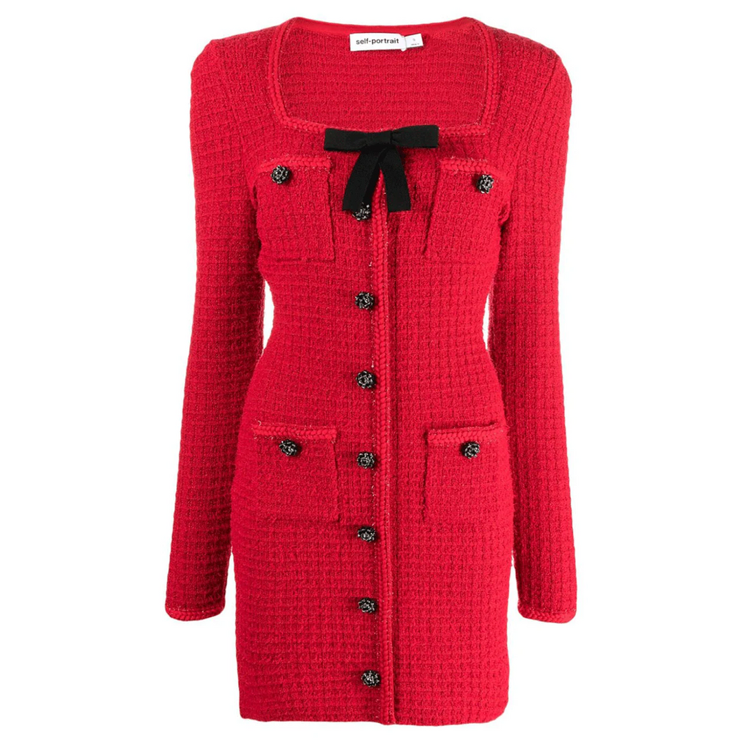 Cny Red Knit Bow Mini Dress