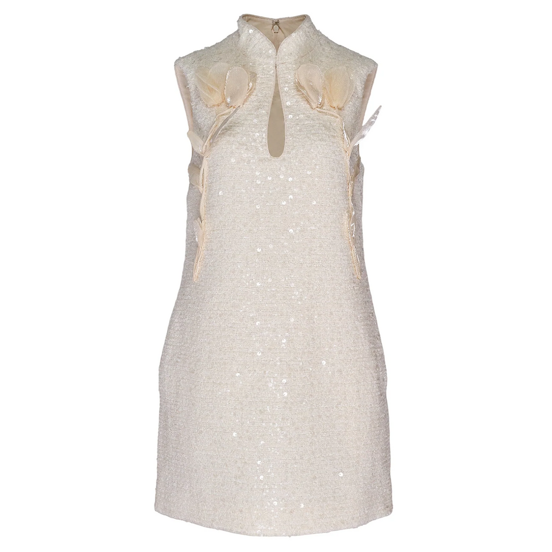 Cream Boucle Flower Motif Mini Dress