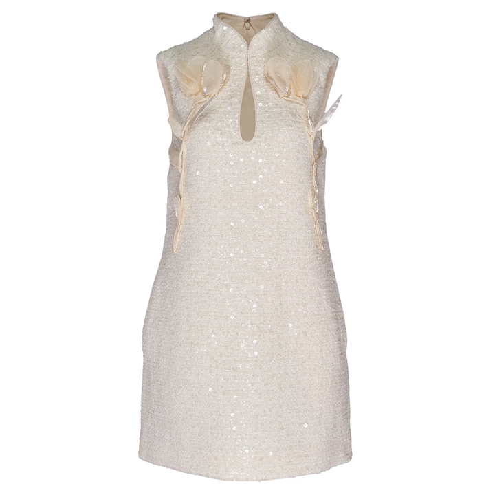 Cream Boucle Flower Motif Mini Dress