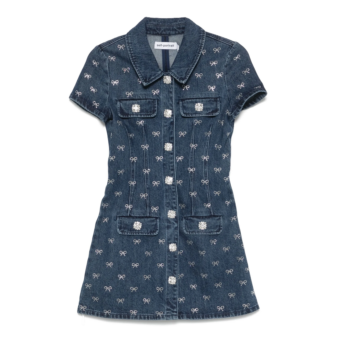 Denim Diamante Bow Mini Dress