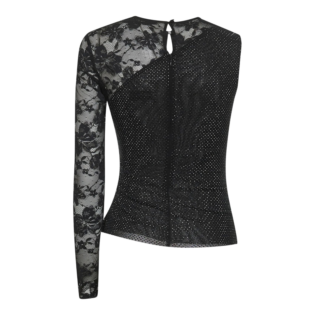 Club21 - Self-Portrait - Black Rhinestone Lace Sleeve Top - WOVEN TOPS - Black
