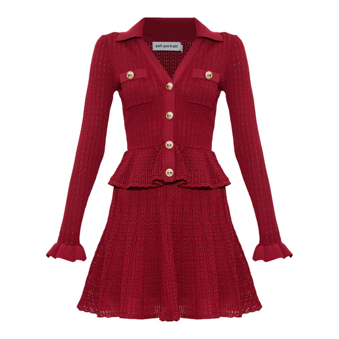 Club21 - Self-Portrait - Burgundy Pointelle Knit Mini Dress - DRESSES - Burgundy