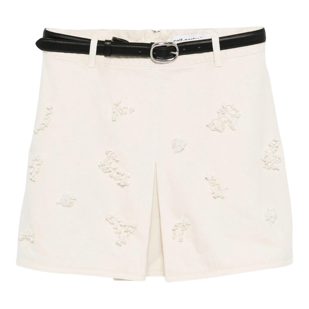 Club21 - Self-Portrait - Cream Denim Beaded Floral Mini Skirt - SKIRTS - Off-White
