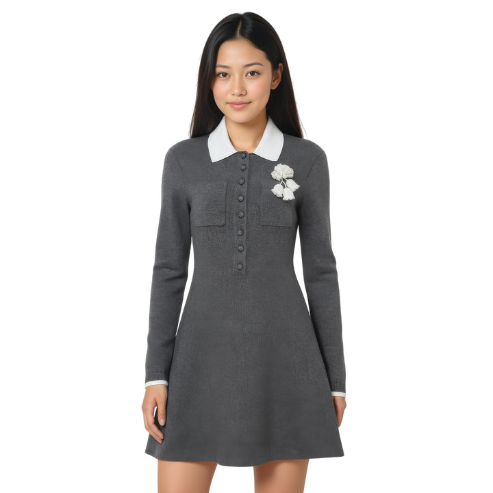 Club21 - Self-Portrait - Grey Crochet Flower Collared Dress - KNIT DRESSES - Grey