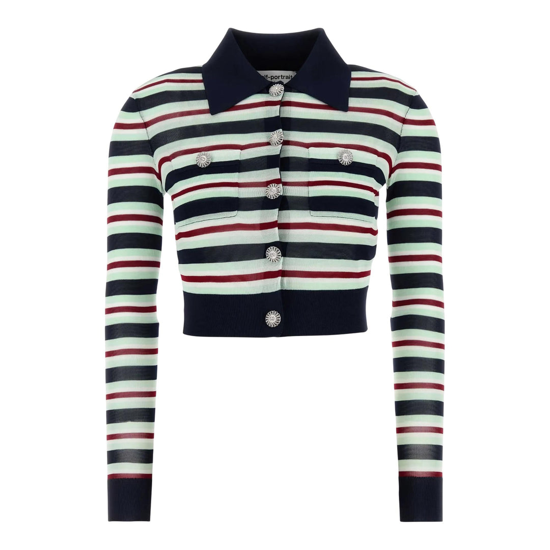 Club21 - Self-Portrait - Navy Striped Viscose Knit Top - CARDIGANS - Stripes