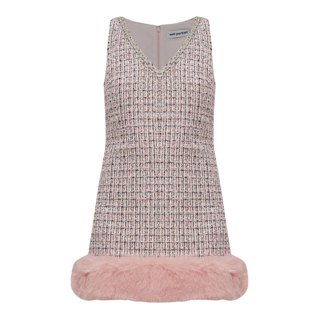Club21 - Self-Portrait - Pink Boucle Fur Hem Mini Dress - WOVEN DRESSES - Pink