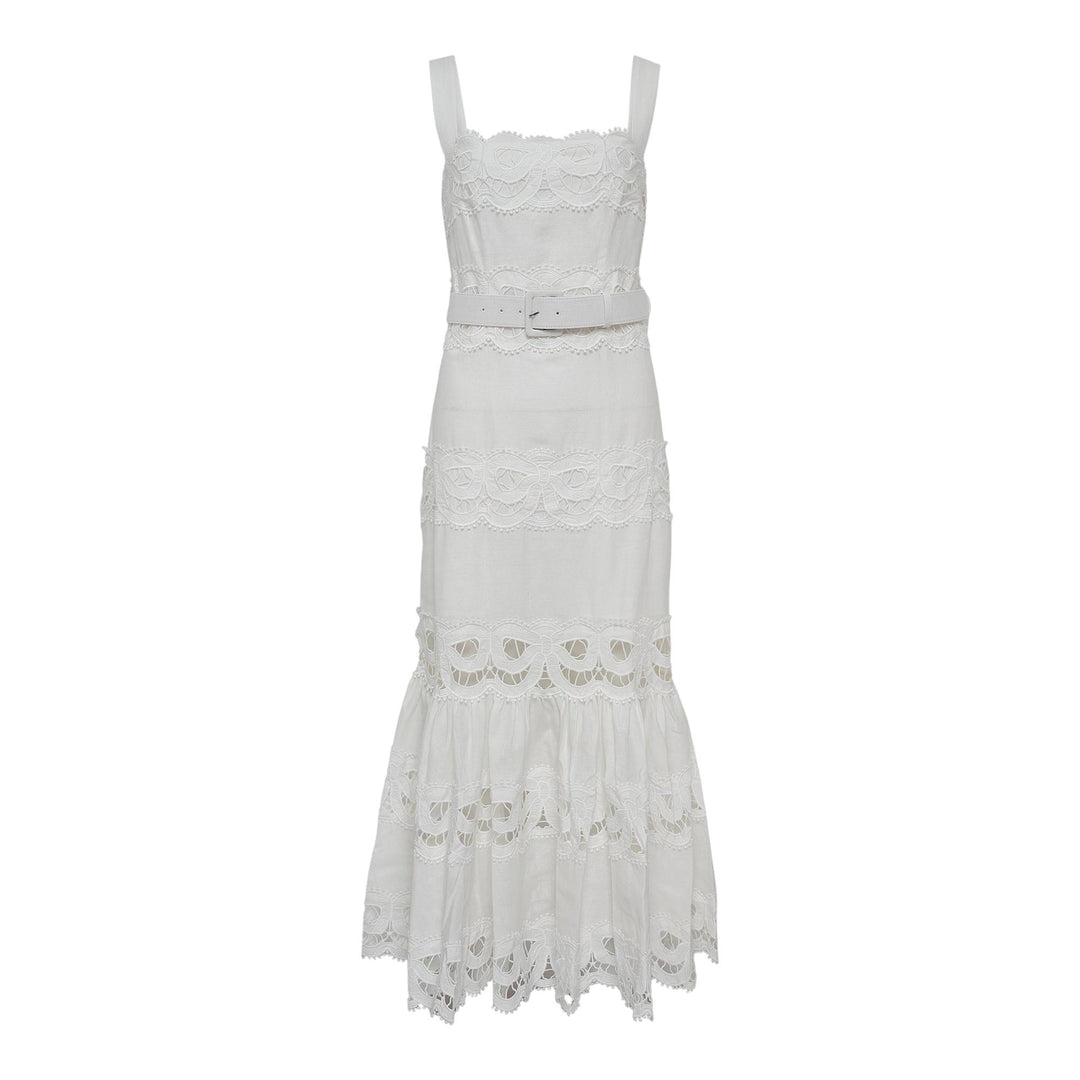 Club21 - Self-Portrait - White Linen Lace Insert Midi Dress - WOVEN DRESSES - White