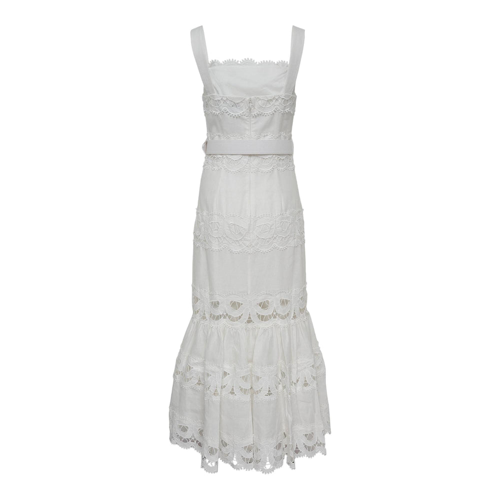 Club21 - Self-Portrait - White Linen Lace Insert Midi Dress - WOVEN DRESSES - White