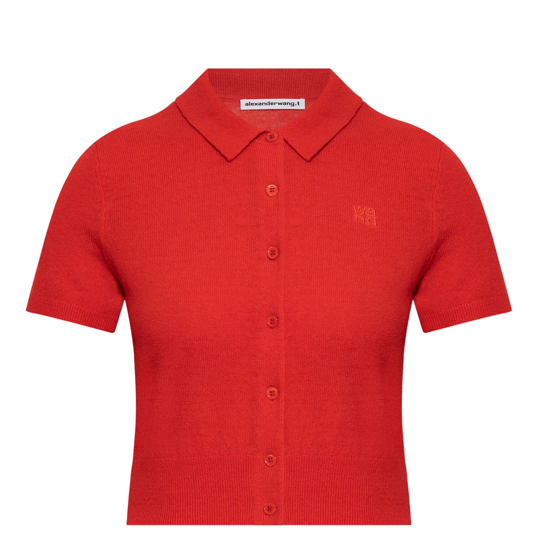T_By_Alexander_Wang_Logo_Embroidered_Polo_Cardigan_In_Wool_Red
