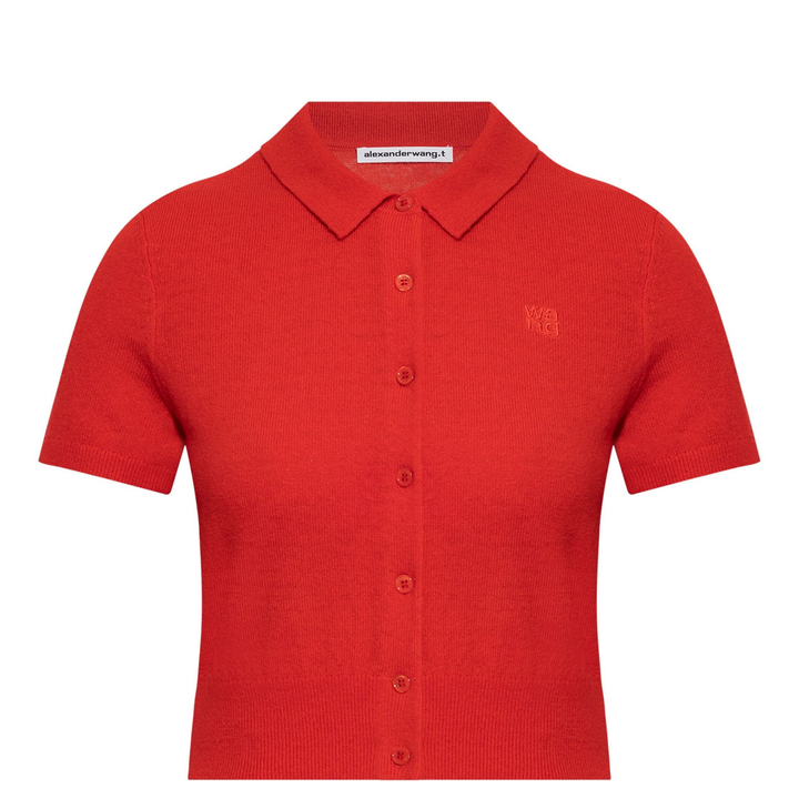 T_By_Alexander_Wang_Logo_Embroidered_Polo_Cardigan_In_Wool_Red