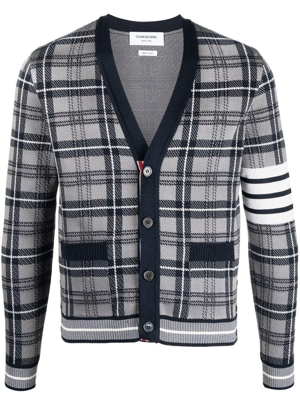 Thom Browne Cardigan With 4Bar In Tartan Grey 1