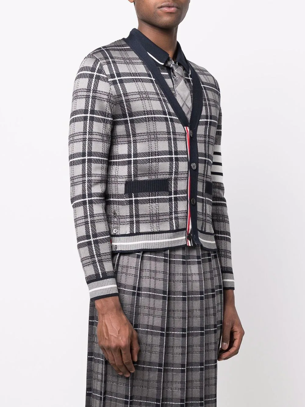 Thom Browne Cardigan With 4Bar In Tartan Grey 2