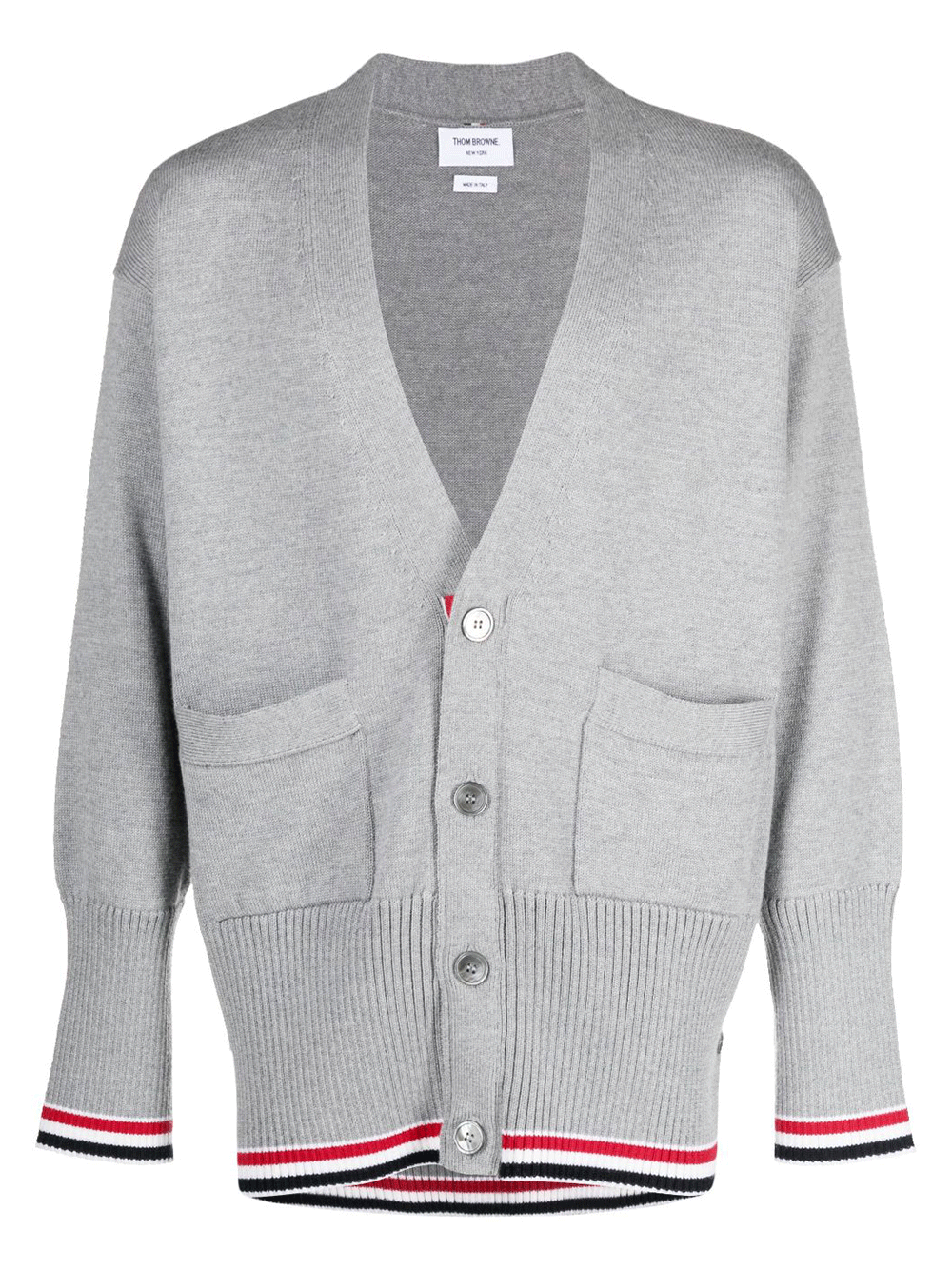Thom-Browne-Jersey-Stitch-Exaggerated-V-Neck-Cardigan-Light-Grey-1