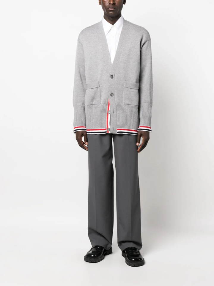 Thom-Browne-Jersey-Stitch-Exaggerated-V-Neck-Cardigan-Light-Grey-2